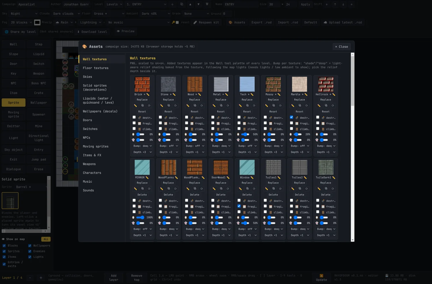 The editor's texture panel with bump-relief, destructible and climbable options